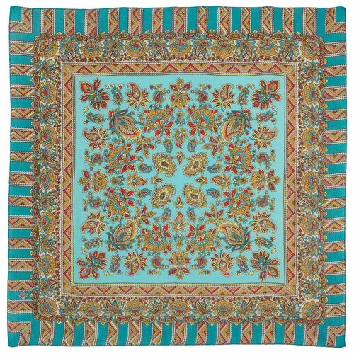 фото Платок павловопосадская платочная мануфактура,72х72 см, голубой, коричневый