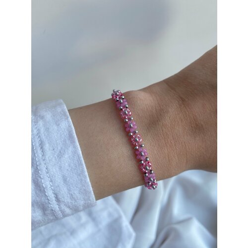 фото Плетеный браслет, бисер, размер 18 см., размер one size, розовый, серебряный ulsi