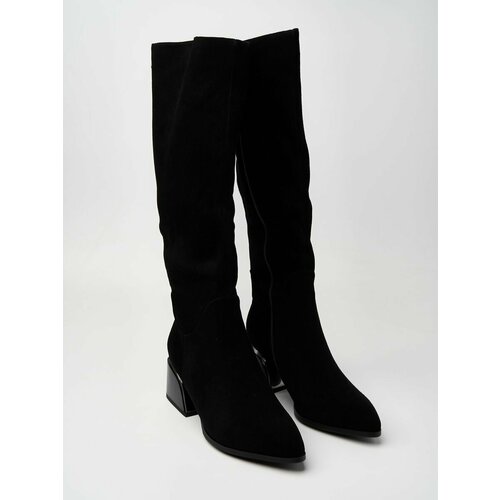 фото Ботфорты замшевые сапоги на среднем каблуке, размер 35, черный marco rocco