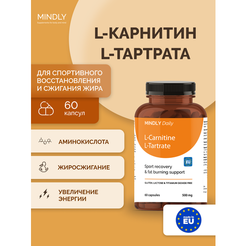 фото Жиросжигатель для тренировок mindly daily l-carnitine l-tartrate (l-карнитин l-тартрат) для женщин и мужчин, 60 капсул