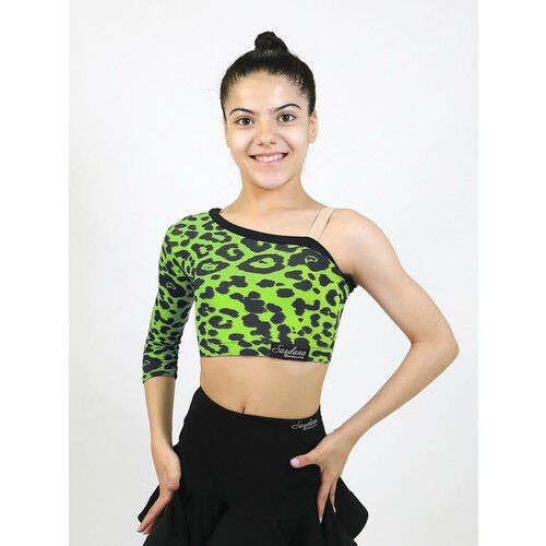 фото Топ sardana топ спортивный с рукавом 3/4 на одно плечо для бальных танцев для девочки, размер 134-140, черный, зеленый