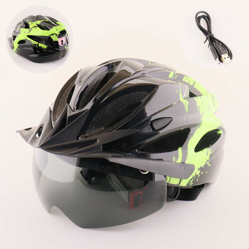 фото Шлем велосипедный с магнитным визором и задним фонарем led, usb зарядка (черно-зеленый, +козырек) ho-86 нет бренда