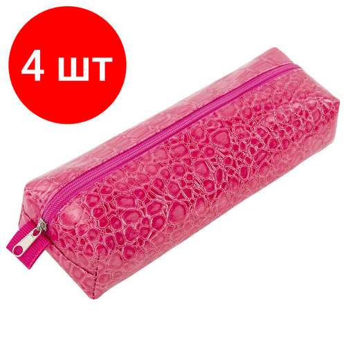 фото Комплект 4 шт, пенал-косметичка brauberg, "крокодиловая кожа", 20х6х4 см, "ultra pink", 270850