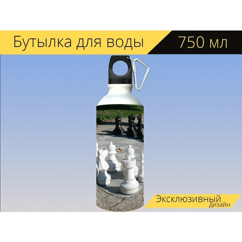 фото Бутылка фляга для воды "шахматы, шахматная доска, шахматные фигуры" 750 мл. с карабином и принтом lotsprints