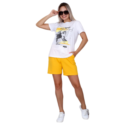 фото Костюм elena tex, футболка и шорты, повседневный стиль, свободный силуэт, карманы, пояс на резинке, размер 54, желтый, белый