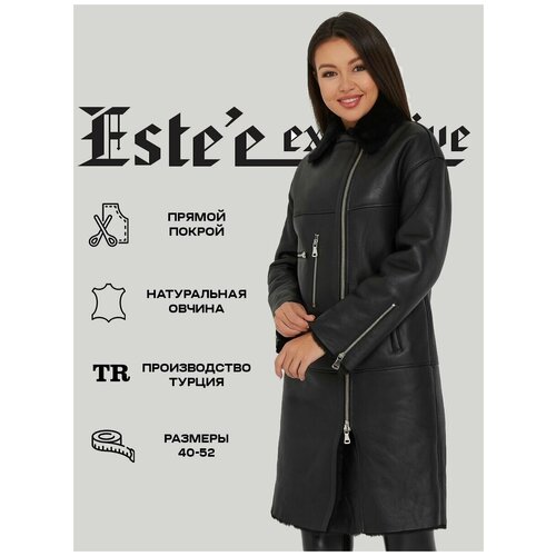 фото Дубленка классическая este'e exclusive fur&leather, овчина, удлиненная, силуэт прямой, карманы, размер 48, черный