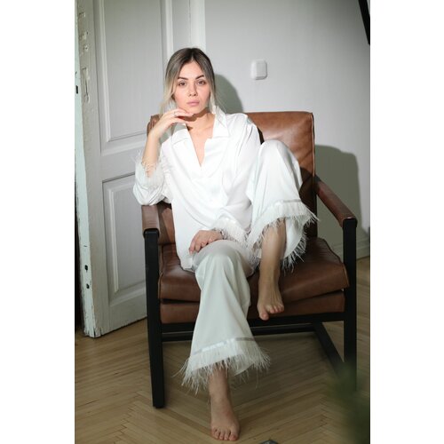 фото Пижама , блуза, брюки, пояс на резинке, без карманов, размер универсальный, белый нет бренда