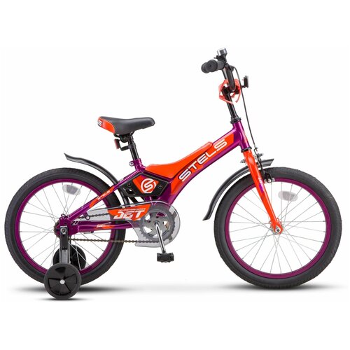 фото Велосипед детский двухколесный для мальчика с дополнительными колесами stels jet-18" 10" фиолетовый-оранжевый