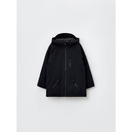 фото Куртка sela демисезонная, несъемный капюшон, регулируемый капюшон, карманы, размер 140, черный
