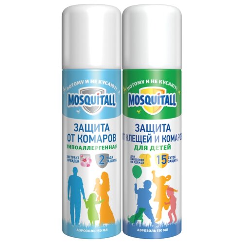 фото Набор mosquitall: аэрозоль "гипоаллергенная защита" от комаров (150 мл) + аэрозоль "нежная защита для детей" от клещей (150 мл)