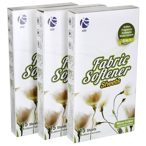 фото Xisi салфетки-кондиционер для сушки fabric softener sheets аромат нежный хлопок (набор из 3-х упаковок по 15 шт.)