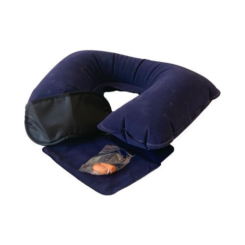 фото Подушка для шеи надувная flyandtrip 42х26см синяя с маской на глаза, беруши и чехлом 1 комплект