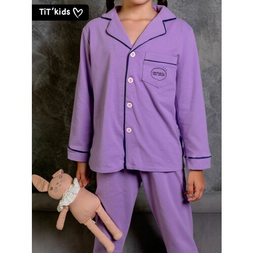 фото Пижама tit'kids, рубашка, брюки, пояс на резинке, рукава с манжетами, карманы, размер 104/110, фиолетовый