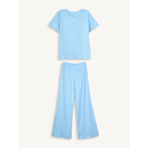 фото Пижама catfit, брюки, футболка, короткий рукав, без карманов, трикотажная, пояс на резинке, стрейч, размер 50, голубой