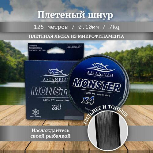 фото Плетеный шнур леска для рыбалки серая monster 125 м, диаметр 0.10 мм refish