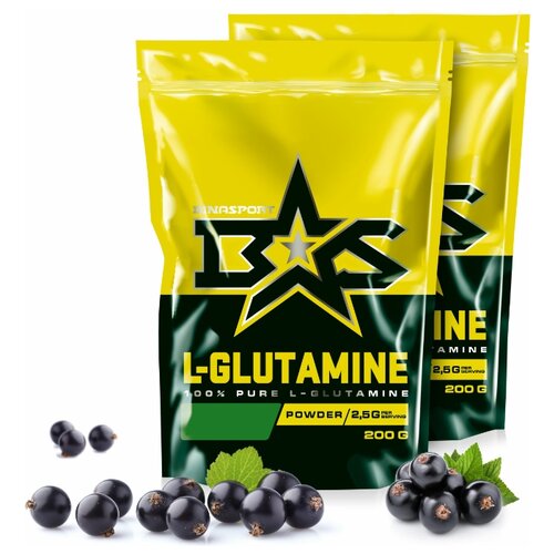 фото (2 уп х 200гр) л-глутамин порошок binasport "l-glutamine"" (глютамин) 400 г со вкусом черной смородины