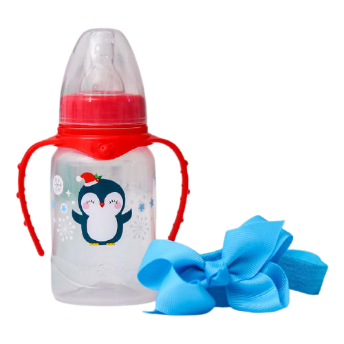 фото Mum&baby набор для малышки пингвиненок: бутылочка для кормления 150 мл и повязка на голову, с рождения, красный