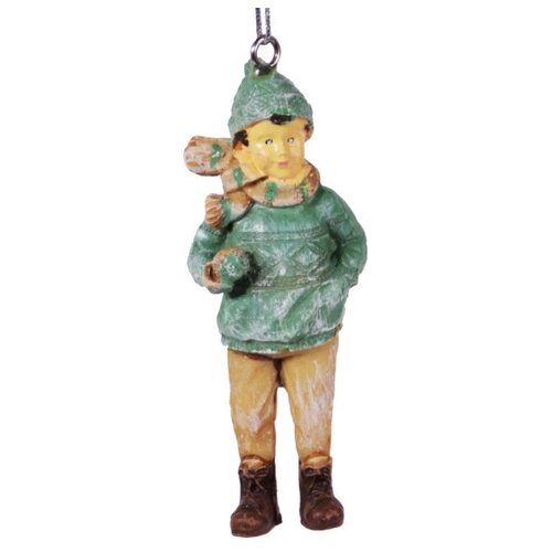 фото Ёлочная игрушка винтажная мальчик со снежком в зелёном свитере, полистоун, 4х2х9 см, hogewoning 400250-040