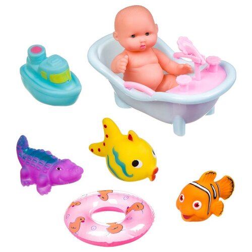 фото Набор игрушек для купания, bondibon, пупс, ванночка, круг, рыбки, крокодил, катер (вв3366)