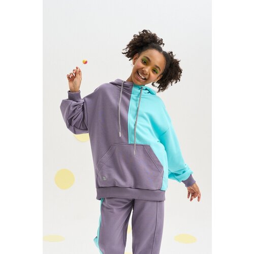 фото Худи шалуны, удлиненное, капюшон, карманы, манжеты, трикотажное, размер 36, 146, фиолетовый