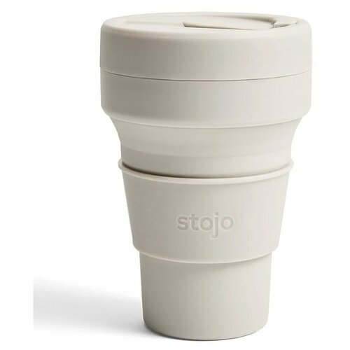 фото Многоразовый складной стакан stojo с крышкой для кофе с собой из пищевого силикона, кружка для кофе 355 мл, цвет oat