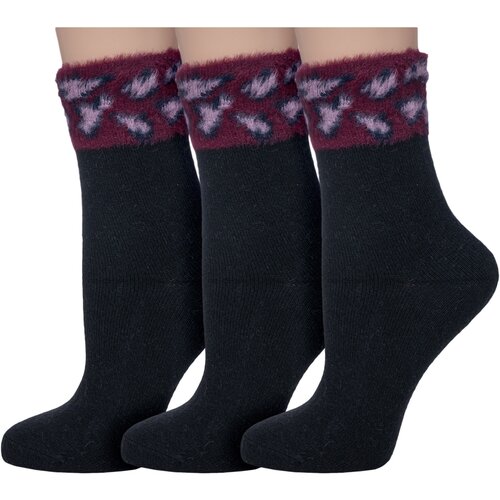 фото Комплект из 3 пар женских носков "пуховые" hobby line черные с бордовым, размер 36-40