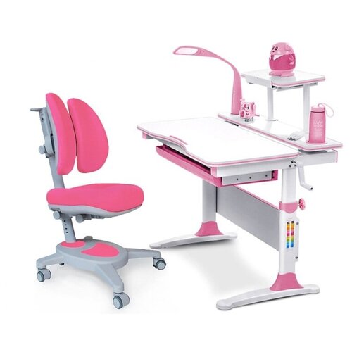 фото Комплект mealux evo-30 (парта evo-diego с лампой + кресло y-115 с двойной спинкой)(дерево) (цвет столешницы:розовый, цвет ножек стола:белый)