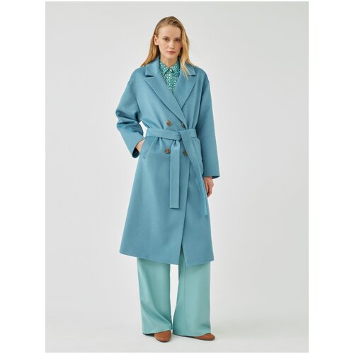 фото Пальто-халат pompa демисезонное, шерсть, силуэт прямой, удлиненное, размер 46/170, голубой