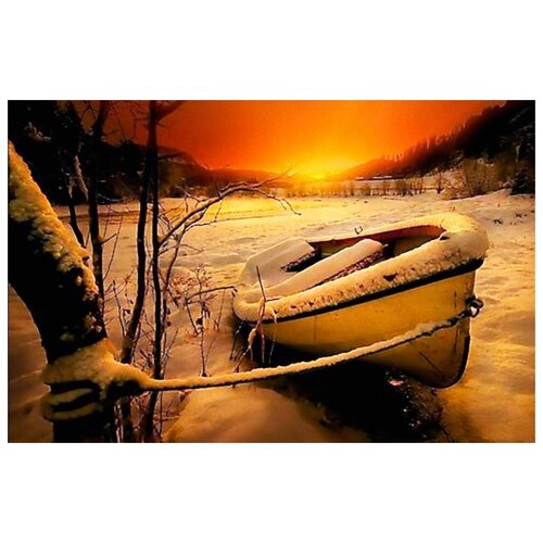 фото Алмазная вышивка яркие грани "лодка в снегу", 50x33