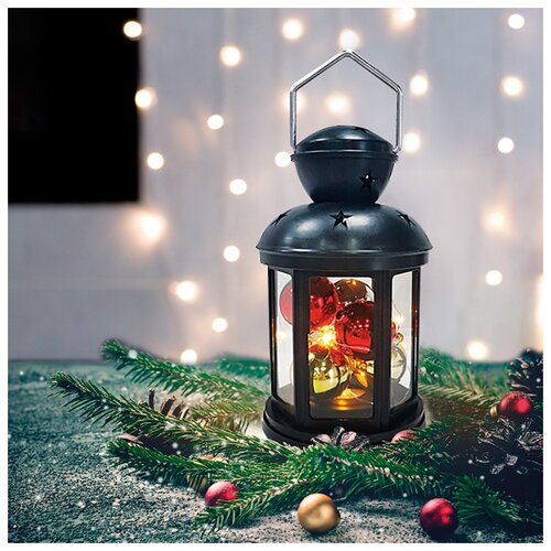 фото Декоративный фонарь-светильник neon-night с новогодними елочными шарами, черный корпус