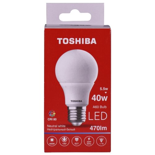 фото Лампа светодиодная toshiba а60 bulb 40w 4000k cri 80 nd (5,5w 470 lm e27 180°)