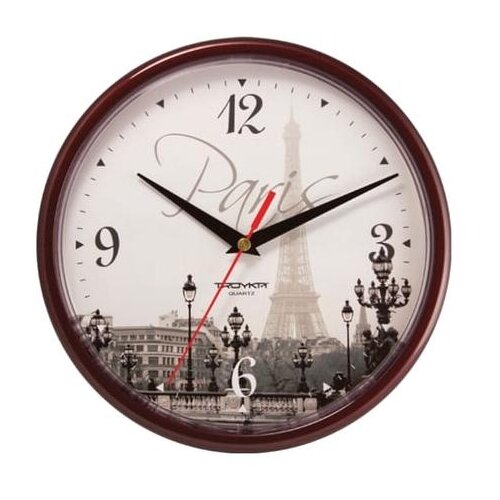 фото Часы настенные troyka 91931927, круг, с рисунком "paris", коричневая рамка, 23х23х4 см тройка