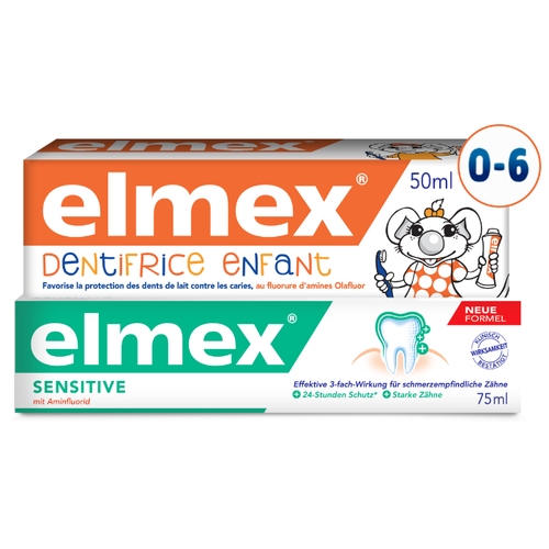фото Набор зубных паст elmex детская от 1 до 6 лет, 50 мл + сенситив плюс для чувствительных зубов, 75 мл