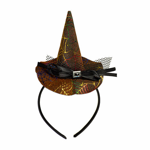 фото Карнавальный ободок на хеллоуин "мини шляпа ведьмы" коричневый / колпак ведьмы с паутинкой голография 1 шт. китай
