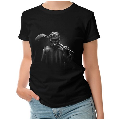 фото Женская футболка «хоккей - хоккеист, рисунок карандашом» (xl, черный) roly