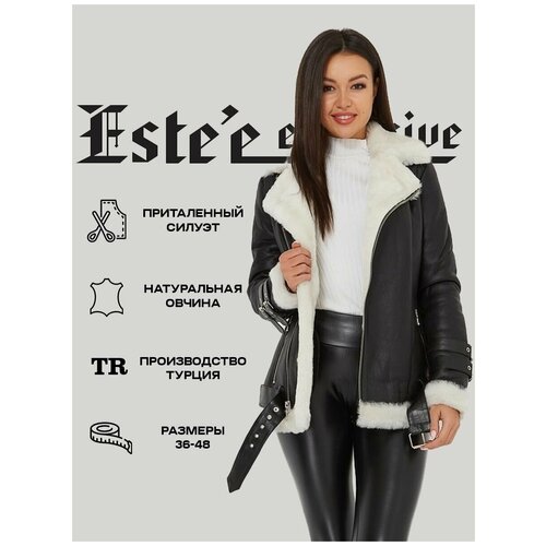 фото Дубленка este'e exclusive fur&leather, овчина, средней длины, силуэт прилегающий, карманы, пояс/ремень, размер 38, черный
