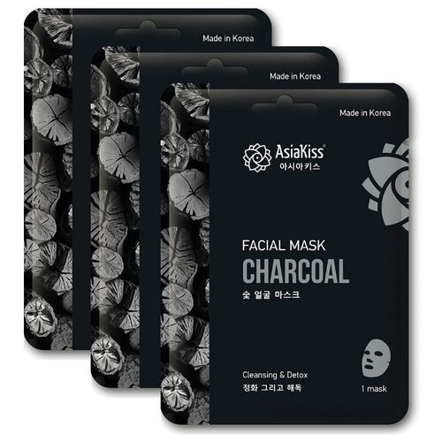 фото Маска для лица с экстрактом древесного угля тканевая, 25г набор-3шт./asiakiss black charcoal essence facial mask