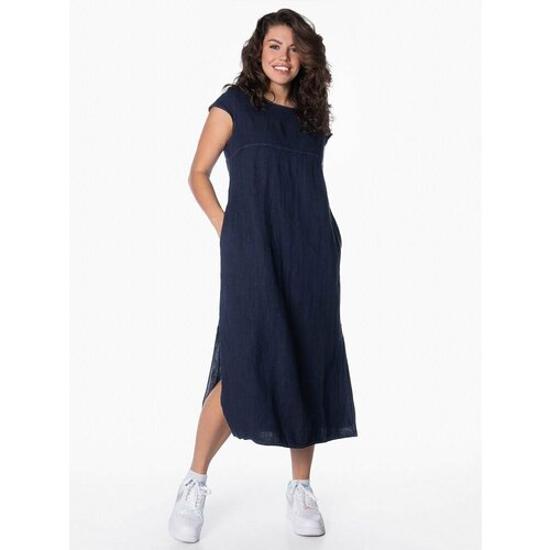 фото Платье-футболка gabriela, лен, прямой силуэт, макси, карманы, размер 50, синий