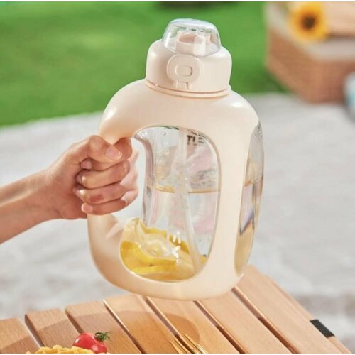 фото Большая премиальная милая спортивная бутылка для воды 1.5л с крышкой и трубочкой, мотивационная, дневная норма(бежевая) нет бренда