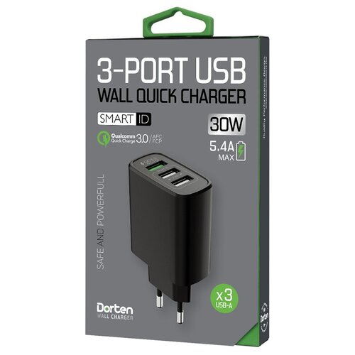 фото Сетевое зарядное устройство dorten 3-port usb smart id 30w wall quick charger: qc3.0+2.4a и afc (samsung), fcp (huawei)