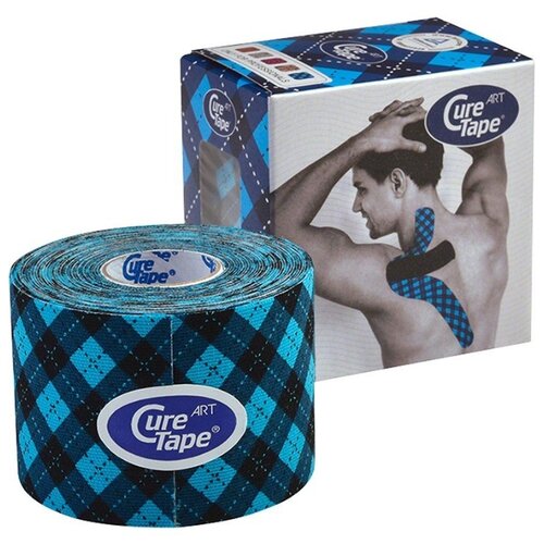 фото Тейп кинезиологический curetape art tartan, 5 см x 5 м, арт. 162794, черно-голубой