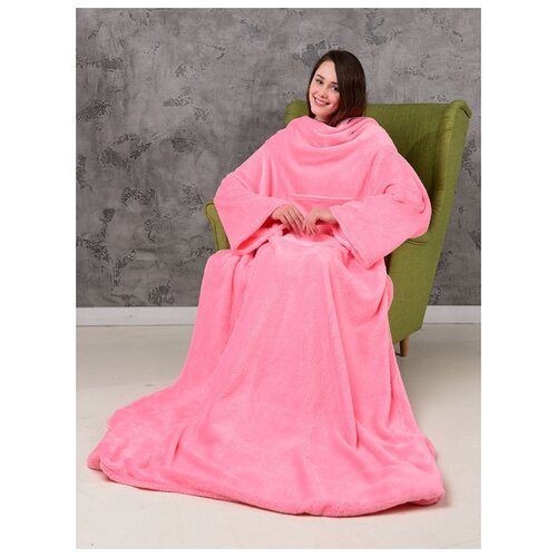 фото Плюшевый плед с рукавами, плед-халат, розовый цвет, однотонный, размер 140x180 см shine