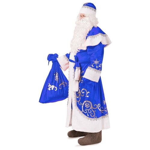 фото Карнавальный костюм пуговка (батик) "дед мороз" синий, шуба, шапка, борода, пояс, мешок, варежки, рост 182 см, р.54-56