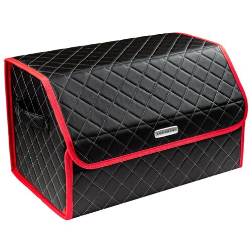 фото Сумка-органайзер в багажник автомобиля из экокожи черная с серой нитью vicecar (красный кант) с логотипом porsche