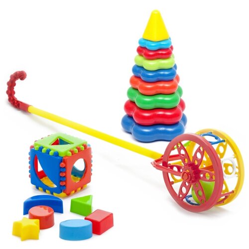 фото Набор развивающий каталка "колесо" 40-0032 + игрушка "кубик логический малый" 40-00110 + пирамида детская большая 40-0045 karolina toys