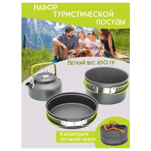 фото Набор туристической посуды. для походов. для пикника. посуда для костра: чайник, кастрюля, сковорода орбита