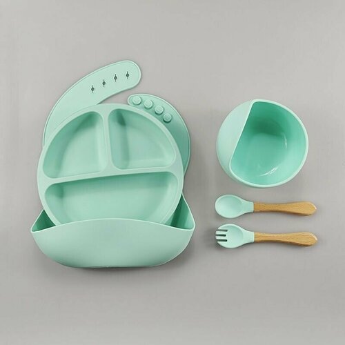фото Набор детской силиконовой посуды для кормления малыша 5 предметов: нагрудник, секционная тарелка, глубокая тарелка, ложка, вилка нет бренда