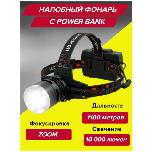 фото Фонарь налобный светодиодный мощный, аккумуляторный 18650, яркий с zoom и функцией powerbank