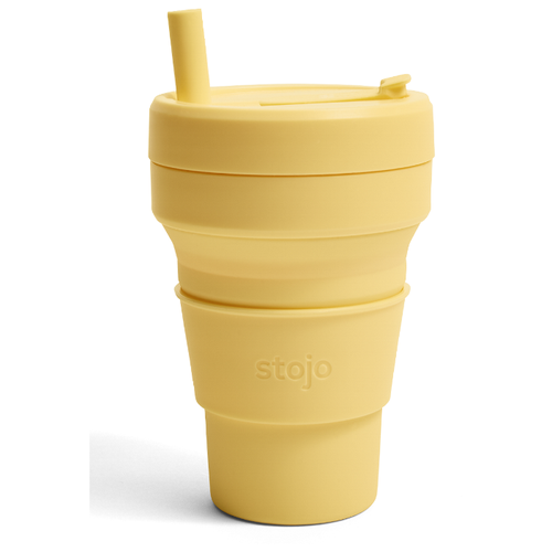 фото Многоразовый складной стакан stojo с крышкой для кофе с собой из пищевого силикона / стакан для кофе / кружка для кофе 470 мл, цвет mimosa