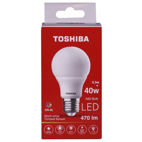 фото Лампа светодиодная toshiba а60 bulb 40w 3000k cri 80 nd (5,5w 470 lm e27 180°)